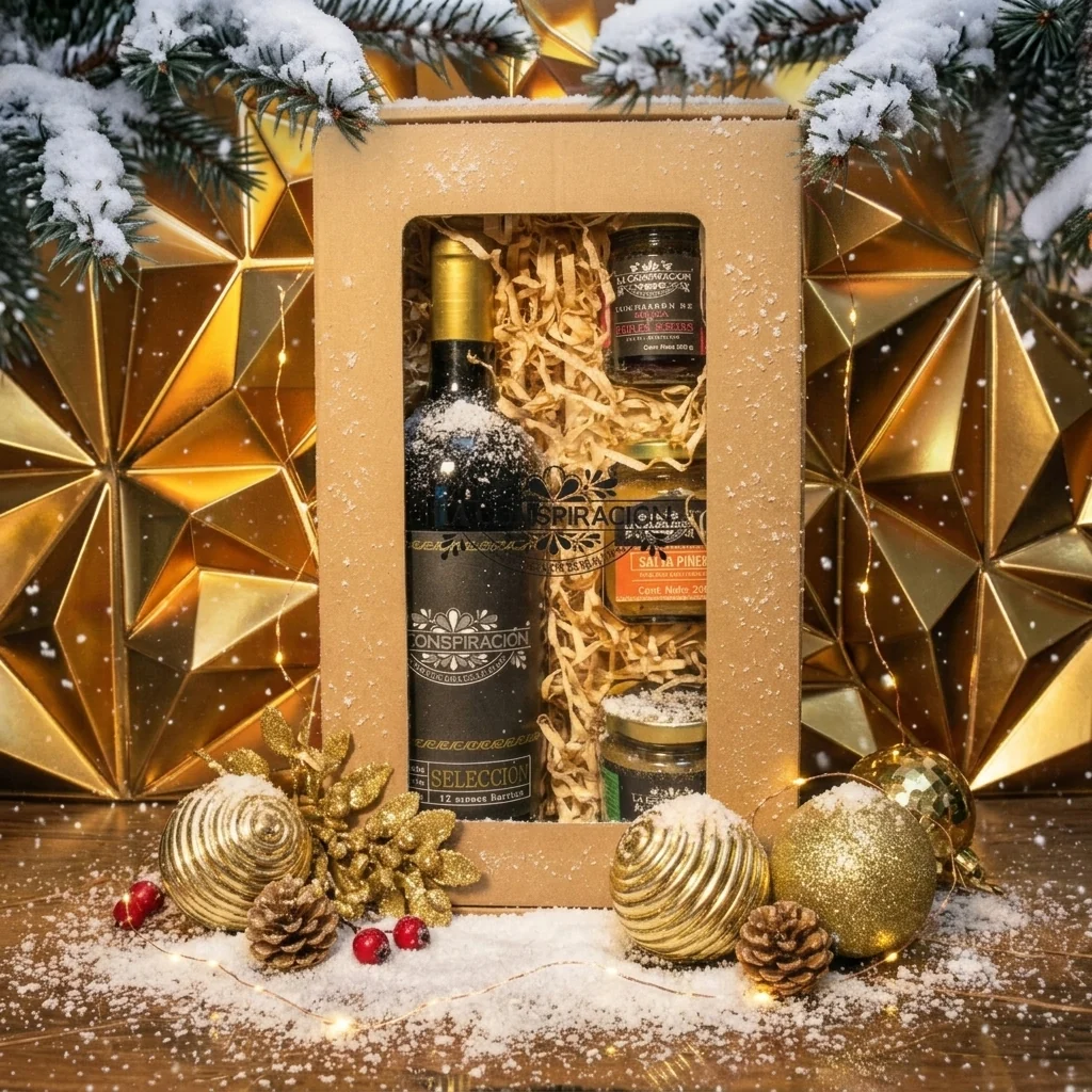 Caja de regalo con vino tinto y productos artesanales